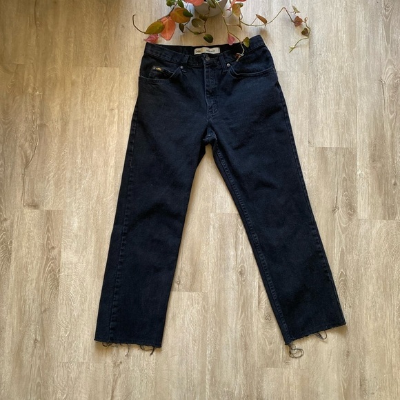 Vintage Y2K Lee High Waisted Straight Leg Black Denim Mom Cropped Raw Hem - Picture 2 of 12